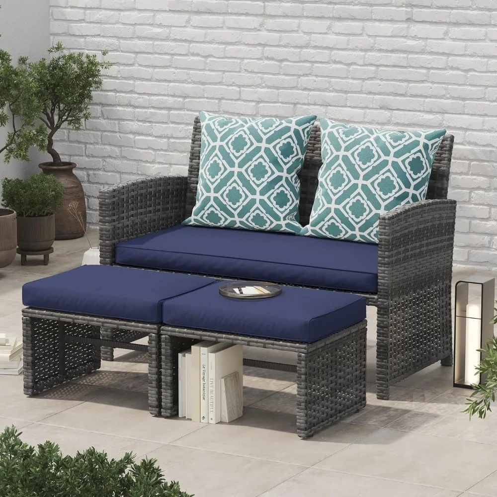 Outdoor Loveseat Patio Furniture Rattan Conversation Set with Ottoman, Navy Blue Cushions, Grey Wicker
Outdoor Loveseat Patio Furniture Rattan Conversation Set with Ottoman, Navy Blue Cushions, Grey Wicker