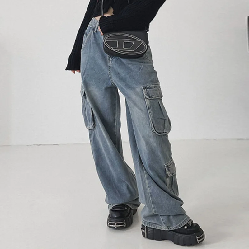 

y2k Cargo Jeans Vintage Aesthetic Zipper Low Waist Baggy Trousers with Multi Pockets 2000s Women Denim Pants Casual Streetwear