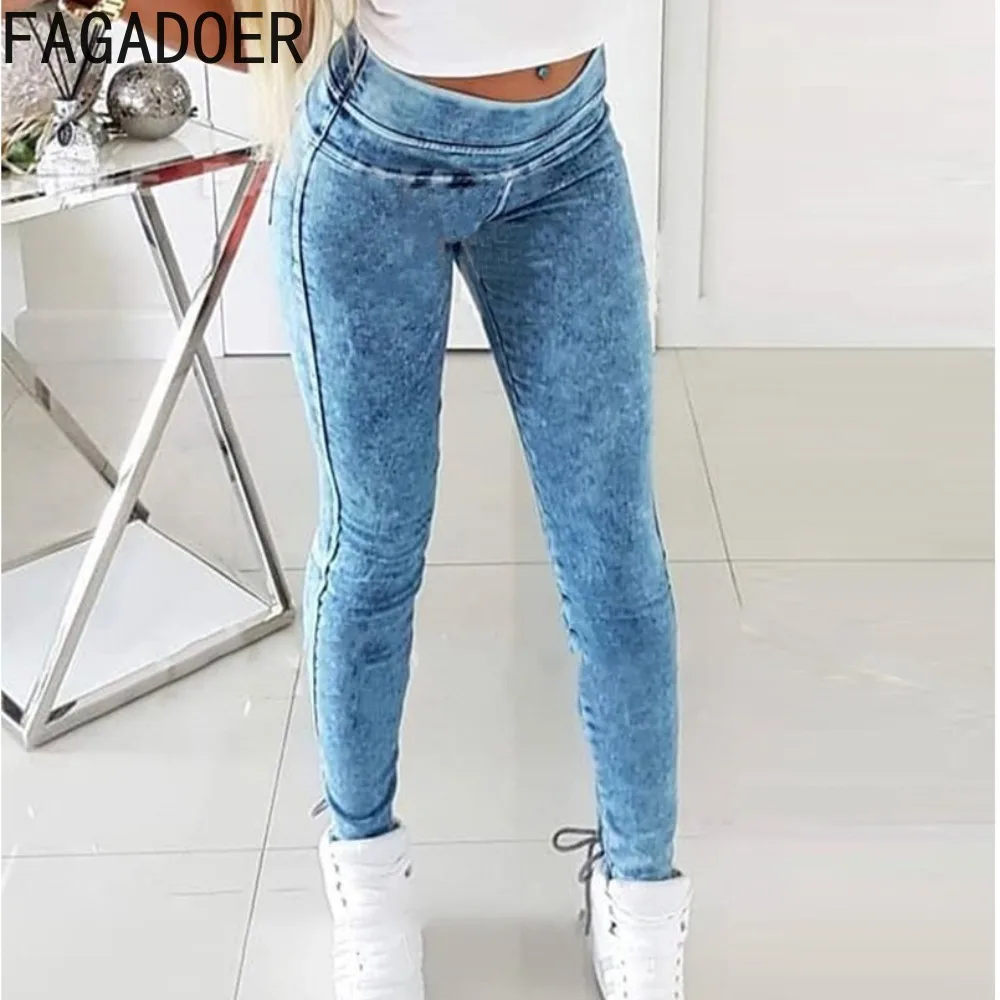 

Синие джинсовые Модные однотонные обтягивающие брюки FAGADOER, женские узкие джинсы с высокой талией, повседневные женские ковбойские брюки