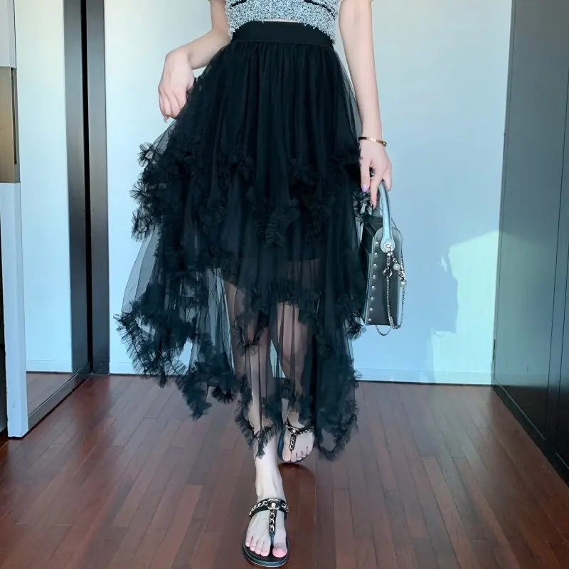 

New Sexy Women Layered Tulle Long Skirt Fashion High Waist Solid Color Frill Trim Ruffle Midi Skirt Daily Wear Street Style Hot