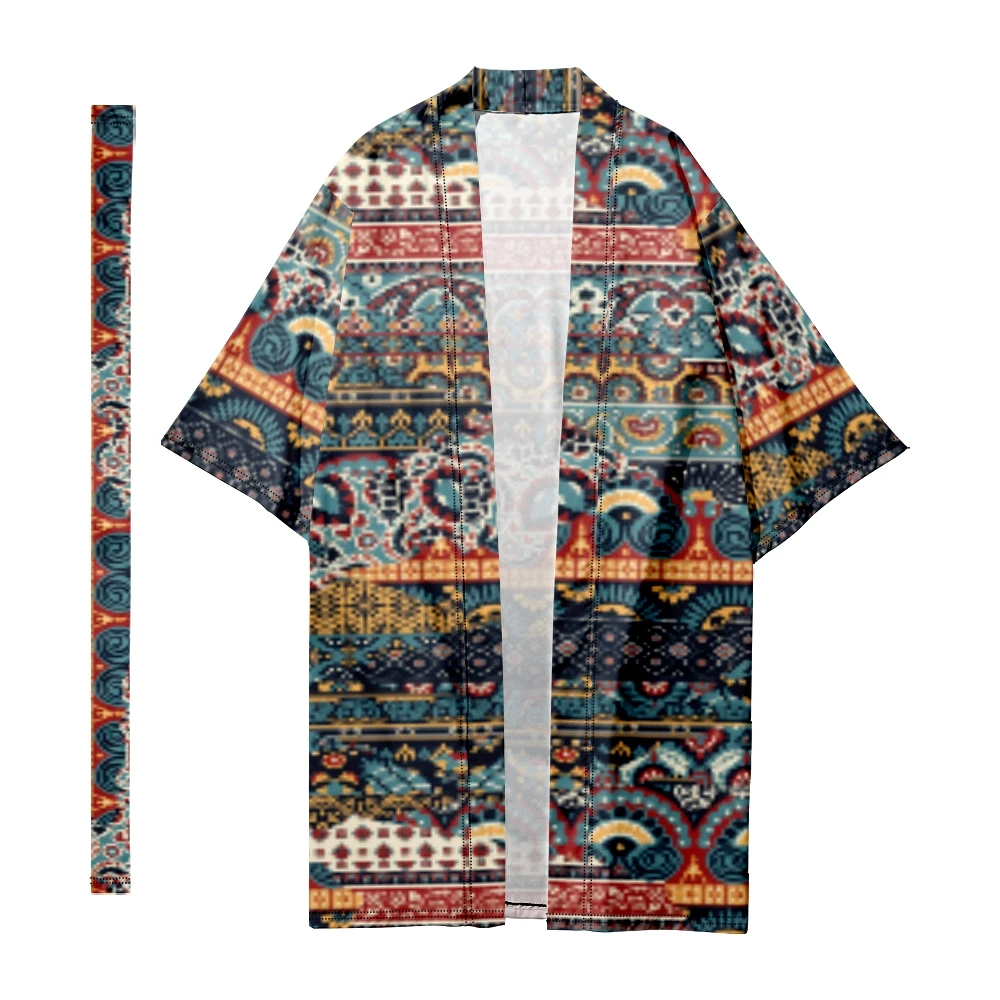 

Men's Japanese Long Kimono Traditional Stripe Panels Kimono Cardigan Samurai Bathrobes Kimono Shirt Yukata Jacket Cloak 8