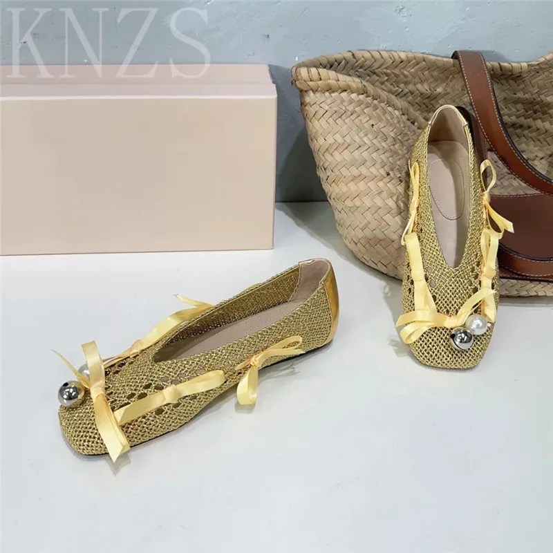 

Spring Summer New Mesh Women Flats Square Toe Mary Janes Ballet Flats Slip-On Real Leather Butterfly-Knot Decor Casual Shoe 2024