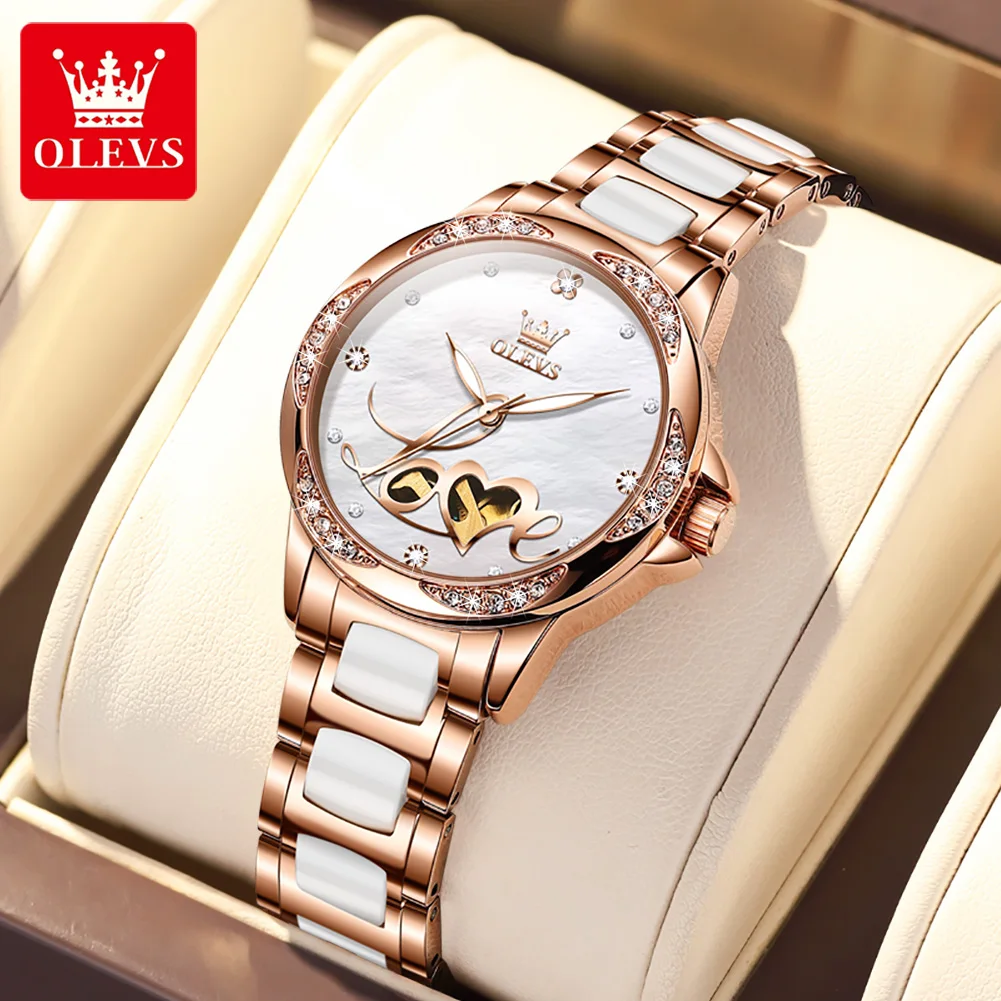 

OLEVS Brand Luxury Ceramics Mechanical Watch for Women Waterproof Fashion Heart-Shaped Hollow Watches Womens Relogio Feminino