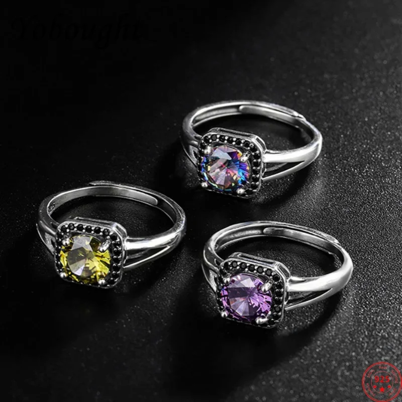 

S925 sterling silver rings for women men new fashion hollow geometric inlaid colored zircon punk jewelry lover gift