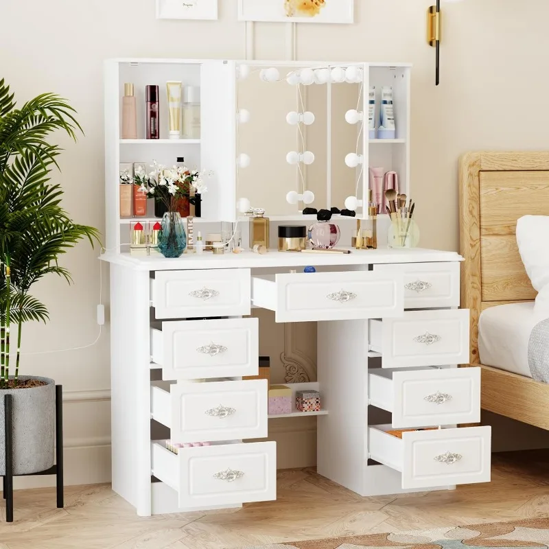 ECACAD White Makeup Vanity Desk with 15 Light Bulbs & 3 Mirrors, Modern Vanity Table Dressing Table with 9 Drawers
ECACAD White Makeup Vanity Desk with 15 Light Bulbs & 3 Mirrors, Modern Vanity Table Dressing Table with 9 Drawers