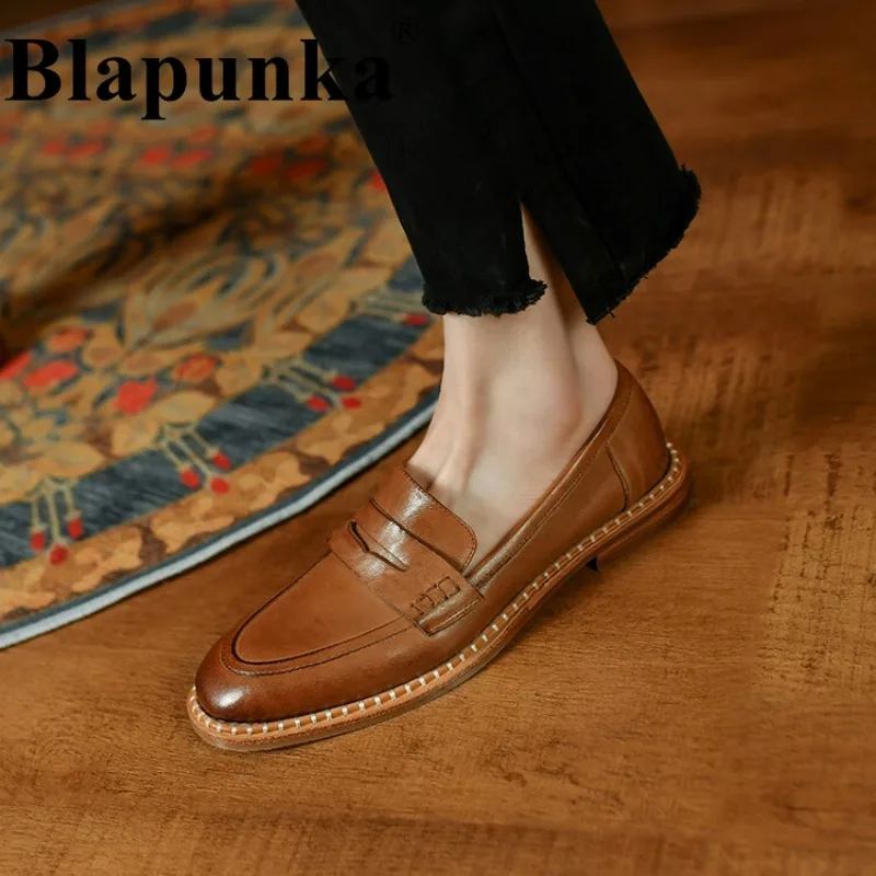 

Blapunka Woman Genuine Leather Penny Loafers Retro High Quality Slip-on Round Toe Flat Shoes Women Brown Autumn Spring Loafer 42