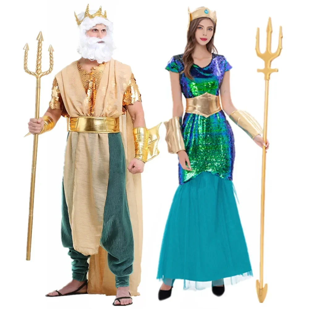 

Карнавальный костюм на Хэллоуин для мужчин, костюмы короля Нептуна попридона, Женская Морская сирена, Русалка, королева, косплей, одежда для пар