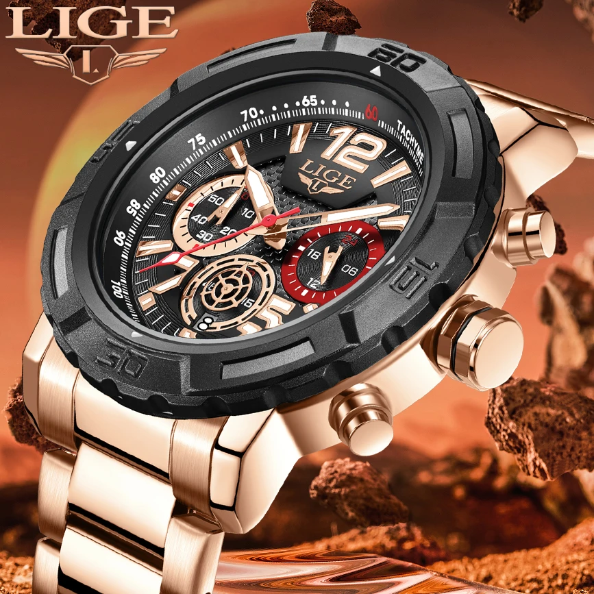 

LIGE Fashion Sport Waterproof Quartz Men Watch Stainless Steel Band Big Dial Watch for Men Calendar Date Man Clocks Reloj Hombre