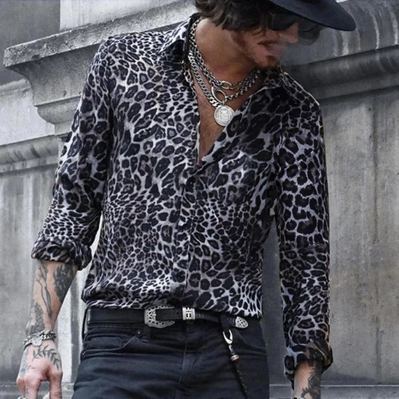

Мужская модная рубашка с леопардовым принтом и длинными рукавами, свободная рубашка с воротником с лацканами в стиле хип-хоп, рубашка, топы, мужская одежда