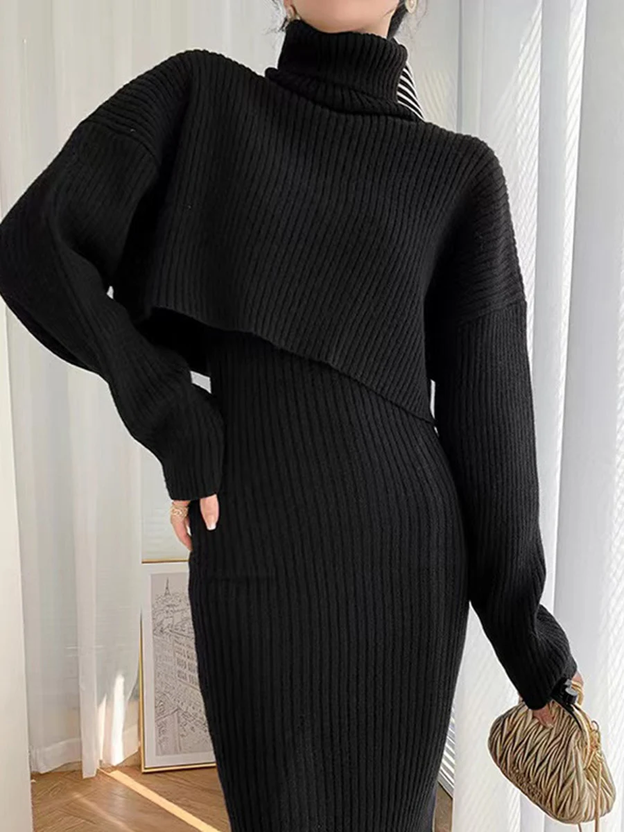 

Women Casual Knitted Two Piece Outfits Turtleneck Long Sleeve Ribbed Sweater Top Sleeveless Cami Dress Fall Winter Dress Sets