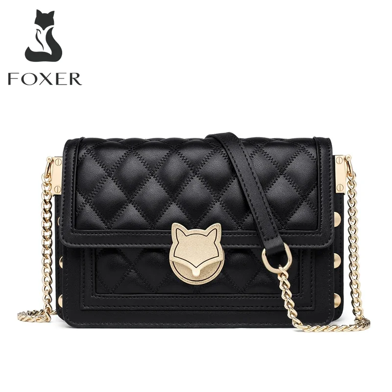 

FOXER Women Split Leather Messenger Bags New Designe Lady Stylish Chains Lattice Shoulder Crossbody Bag Female Classical Flap