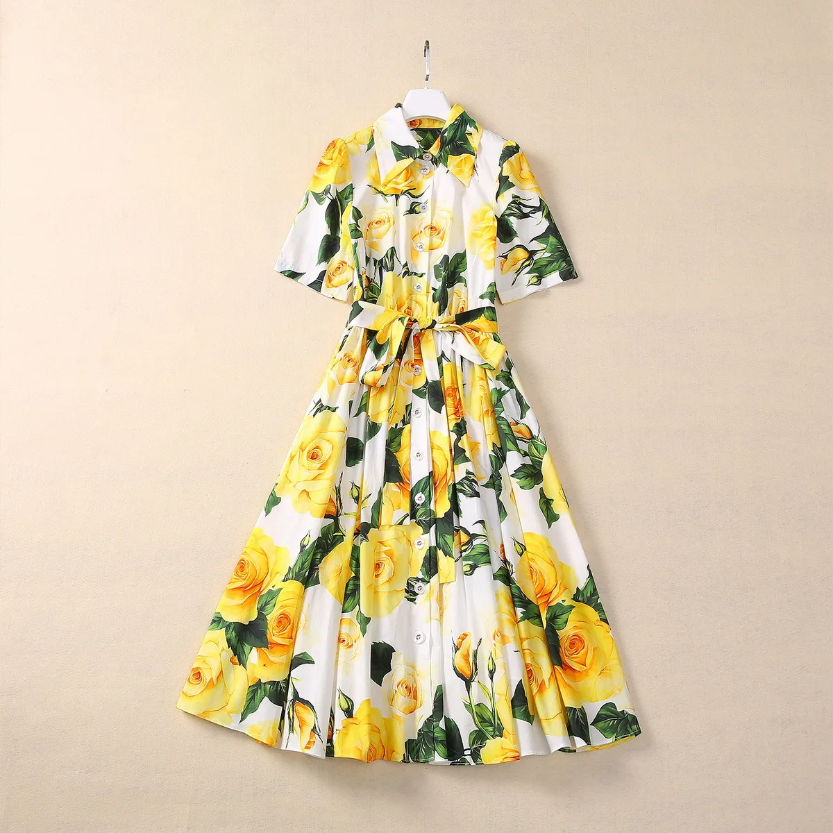 

Europe and the United States women's 2024 summer new lapel Five-quarter sleeve yellow rose print fashion Pleated dress