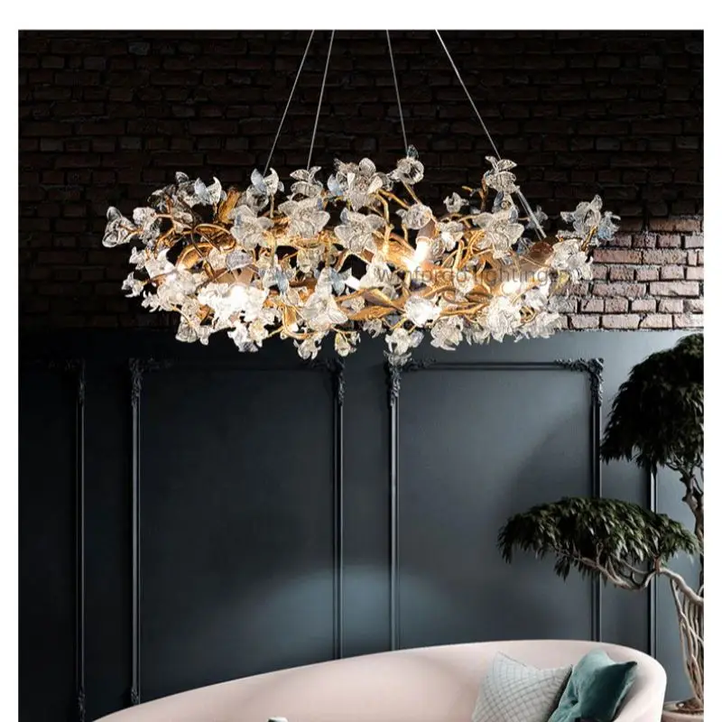 

2023 Modern LED Glass Crystal Pendant Lamp Handmade Kapok Flower Branches Chandeliers Indoor Decor Lighting Lustre Hanging Light