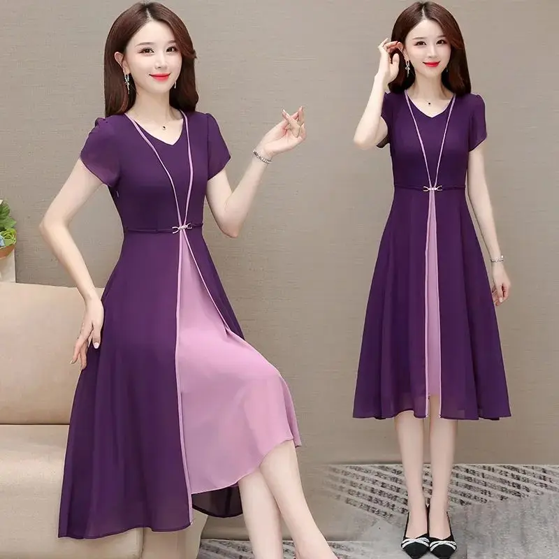 

Elegant V-Neck Spliced Short Sleeve Fake Two Pieces Midi Dress Women's Clothing 2024 Summer New Loose Office Lady Ladies Dresses