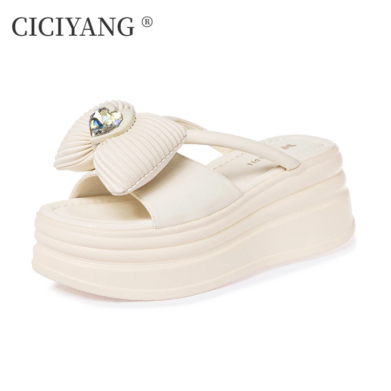 

CICIYANG 7cm Chunky Platform Slippers Women Summer 2024 New Wedges Ladies Fashion Bow Rhinestones Sandals Shoes Women Slippers