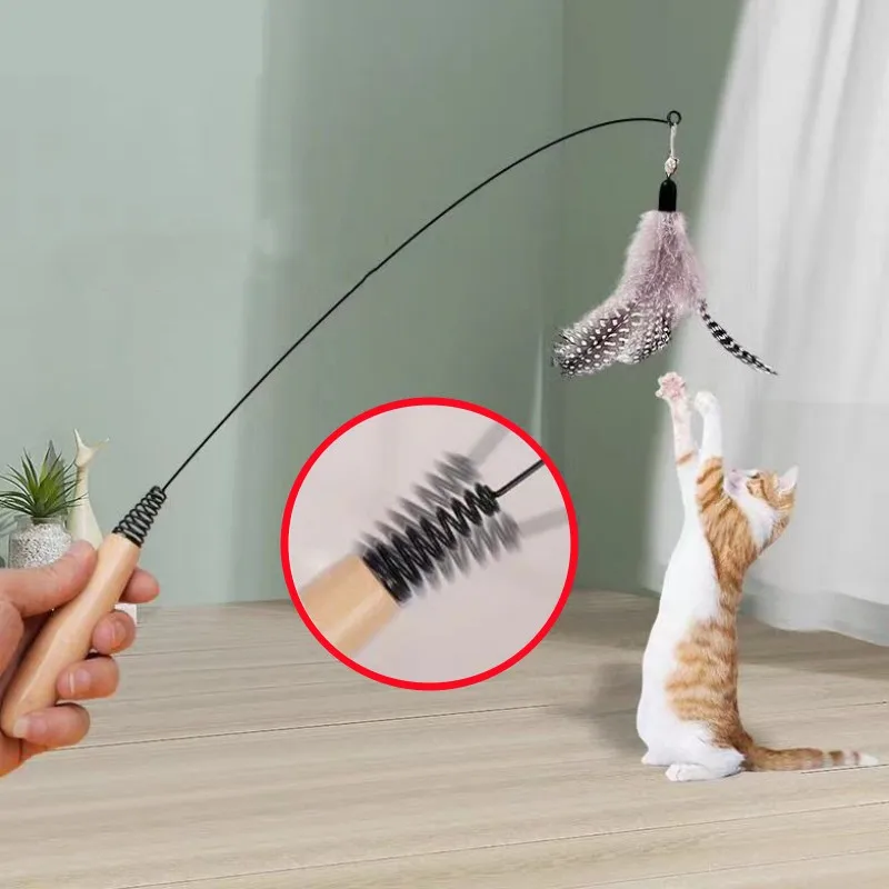 

Cat Toy Feather Cats Sticks Wooden Handle Cat Toys Interactive Kitten Toy with Bell Spring Feather Toys for Cats Stick Teaser