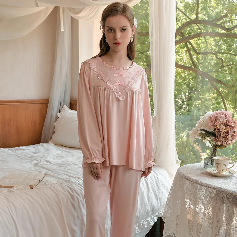 Autumn Loose Cotton Tops Pants Two Piece Sets Princess Sleepwear Women Sweet Round Neck Solid Color Loungewear Lace Pajamas
Autumn Loose Cotton Tops Pants Two Piece Sets Princess Sleepwear Women Sweet Round Neck Solid Color Loungewear Lace Pajamas