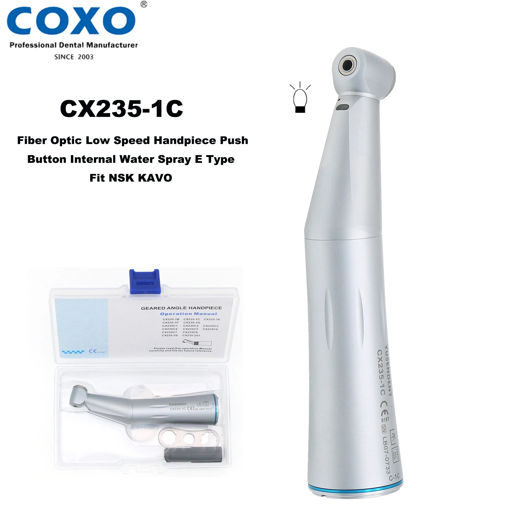 COXO Dental CX235-1C Fit NSK KAVO Fiber Optic Low Speed Handpiece Push Button Internal Water Spray E Type Dental Tools 
COXO Dental CX235-1C Fit NSK KAVO Fiber Optic Low Speed Handpiece Push Button Internal Water Spray E Type Dental Tools