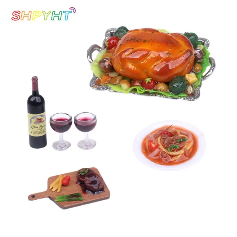 

1 Set Miniature Thanksgiving Turkey Dinner Steak Spaghetti Red Wine Model Kitchen Decor Toy 1:6 1:12 Scale Dollhouse Accessories