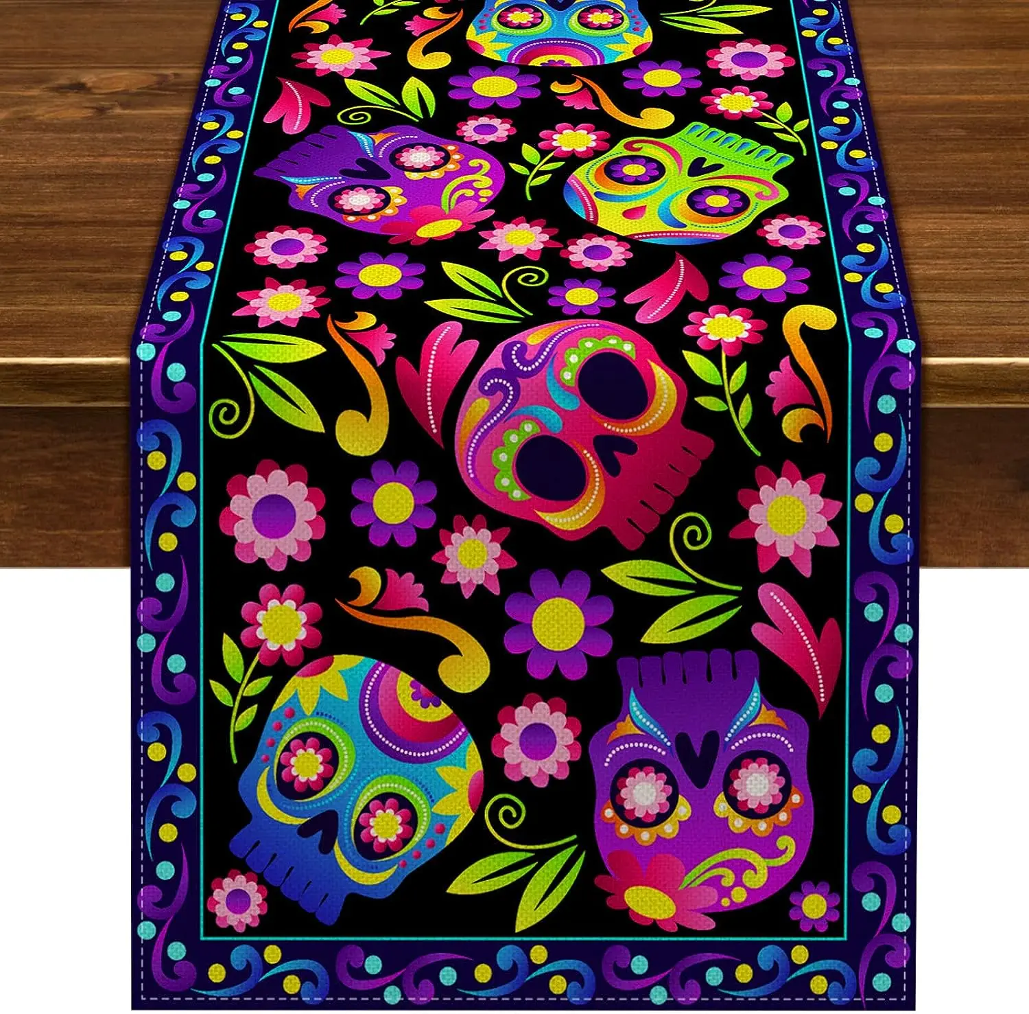 

Mexican Day of The Dead Linen Table Runner Party Table Decor Sugar Skull Dia De Los Muertos Dining Table Runners Halloween Decor