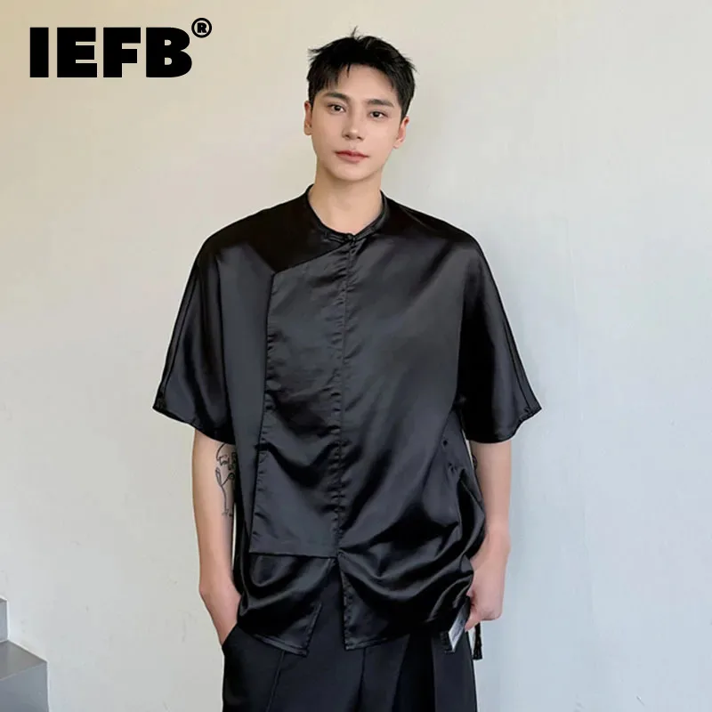 

IEFB 2024 Summer New Fashion Men's Short-sleeve Shirt Solid Color Male Collarless Top Trendy Menwear Chinese Style 9C5495