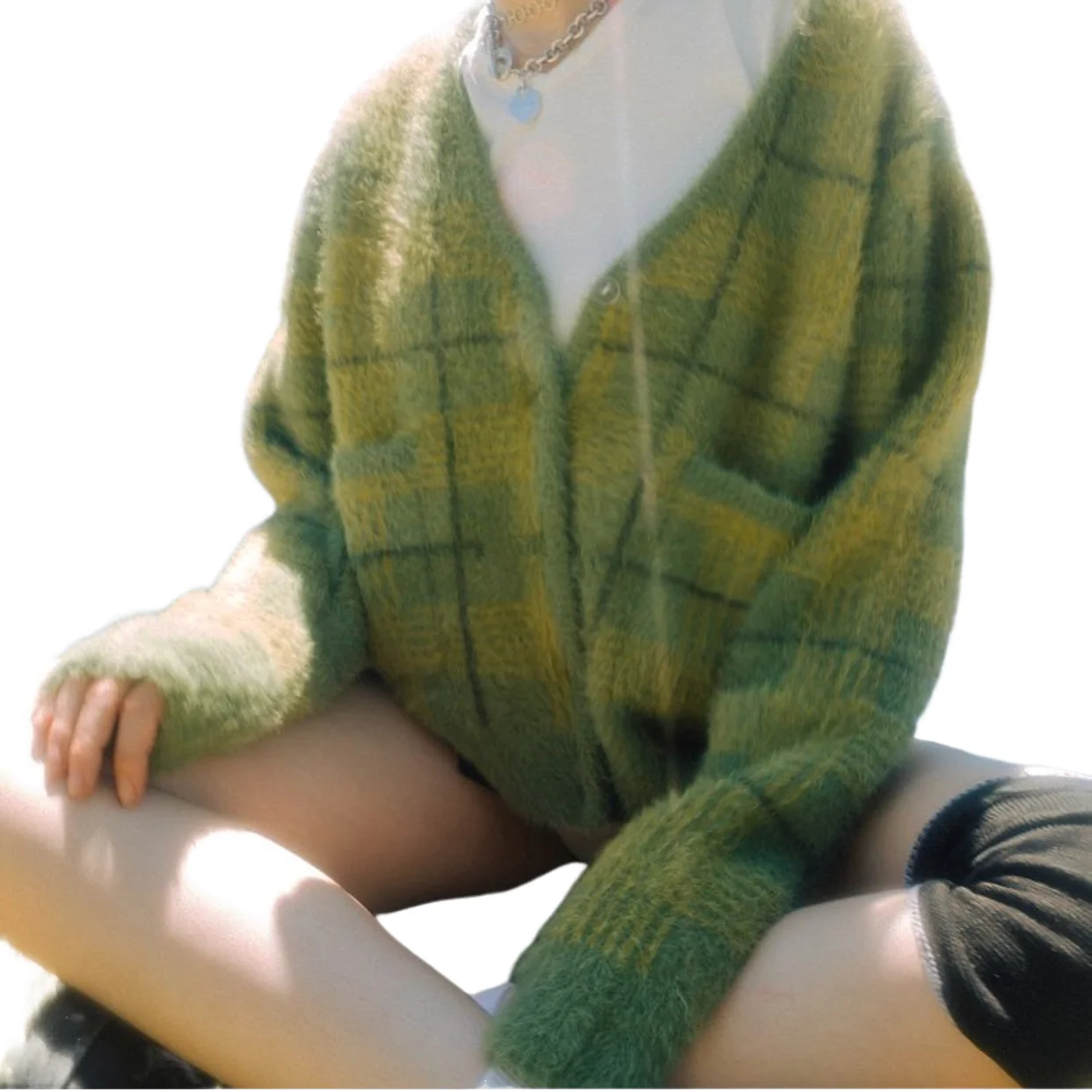 

Vintage Mohair Sweater Women Knitted Cardigans Harajuku Lazy Style Ladies V-Neck Button Fuzzy Plaid Cardigan Fluffy Knitwear Top