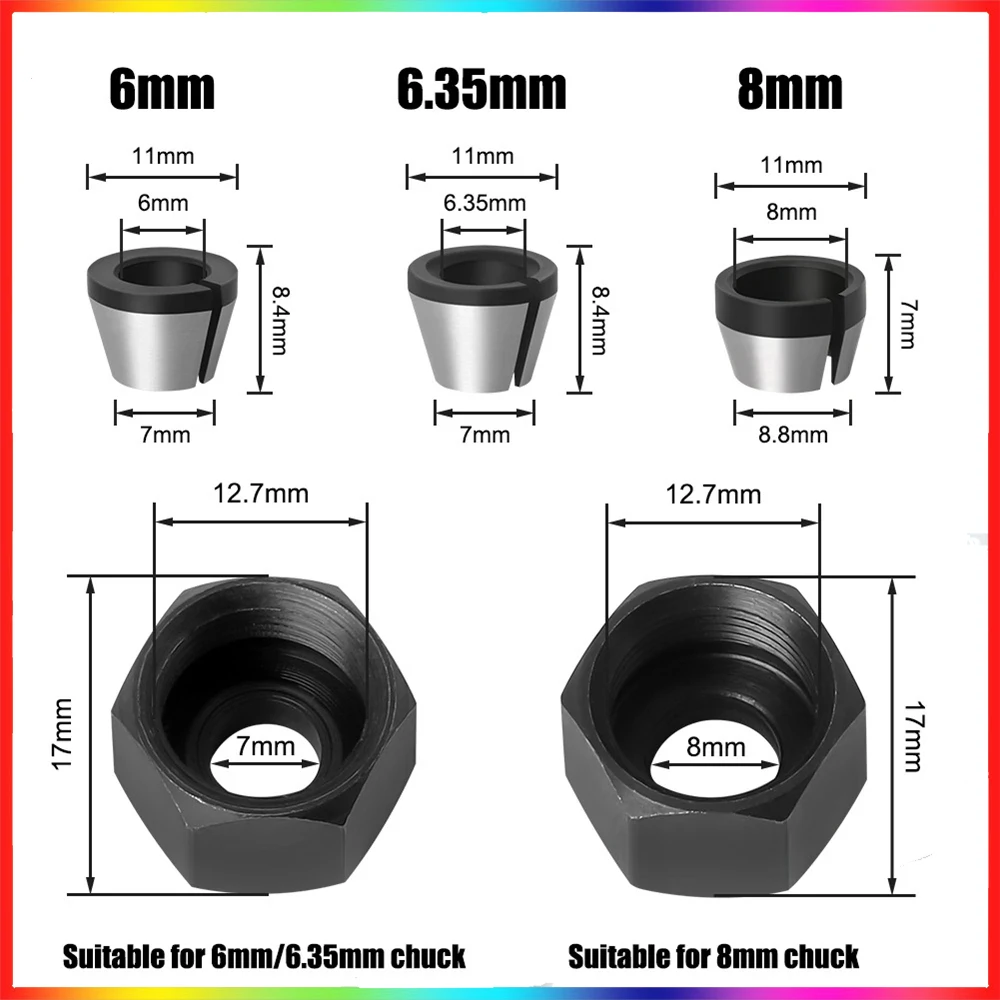 5pcs 6/6.35/8mm Trimmer Collet Chuck Router Bit Shank Adapter For Engraving Machine Chuck Trimming Router Bit Collet Accessories
5pcs 6/6.35/8mm Trimmer Collet Chuck Router Bit Shank Adapter For Engraving Machine Chuck Trimming Router Bit Collet Accessories