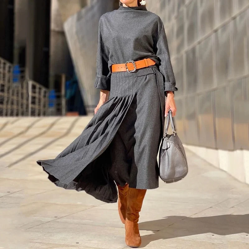 Elegant O Neck Solid Color Long Dress Fashion Long Sleeve Belt Commute Pleated Dress New Autumn Patchwork High Street Long Dress
Elegant O Neck Solid Color Long Dress Fashion Long Sleeve Belt Commute Pleated Dress New Autumn Patchwork High Street Long Dress