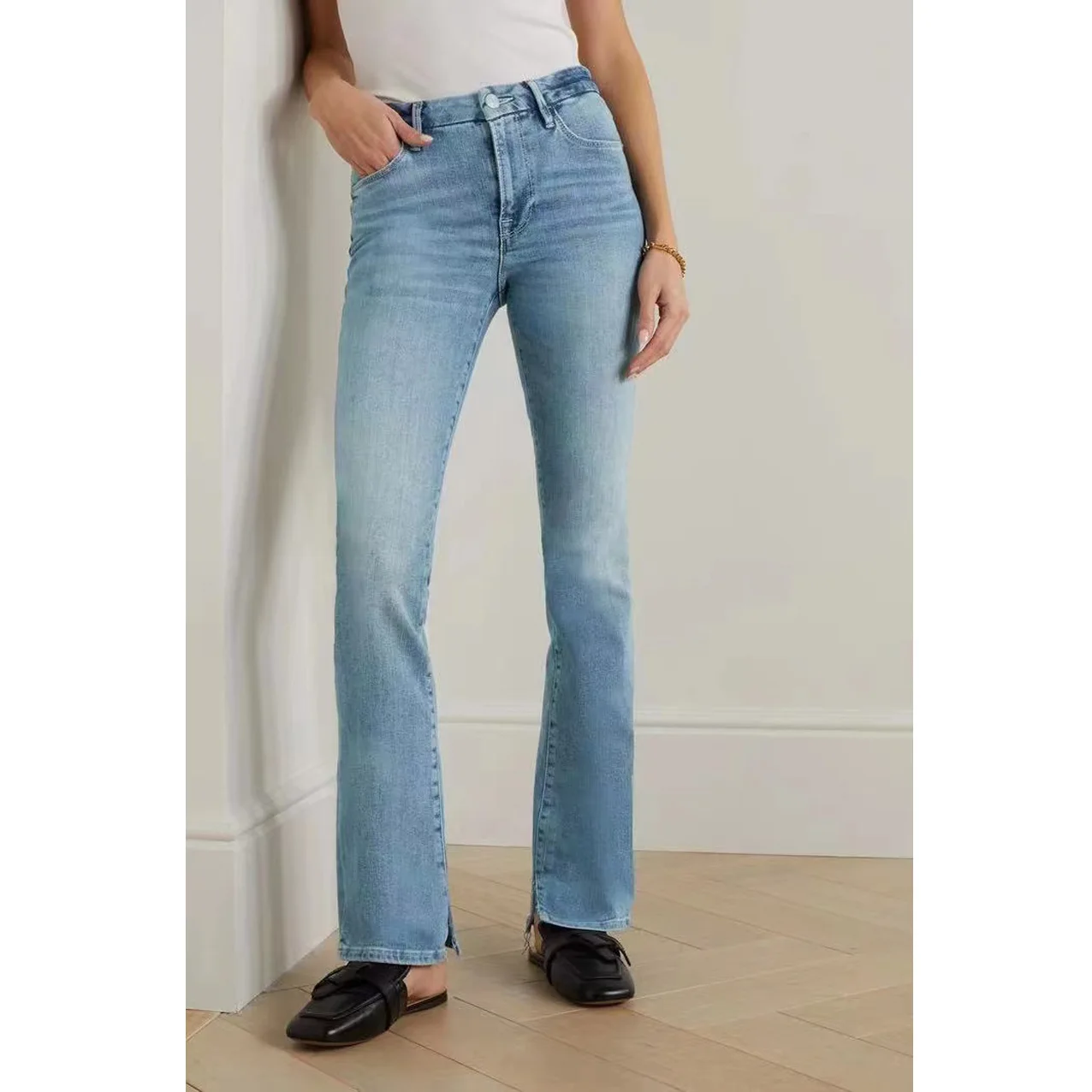 

2024 Early Spring New Light Blue High Waist Slightly Flared Leg Opening Slit Slim Fit Denim Trousers for Women High Quality