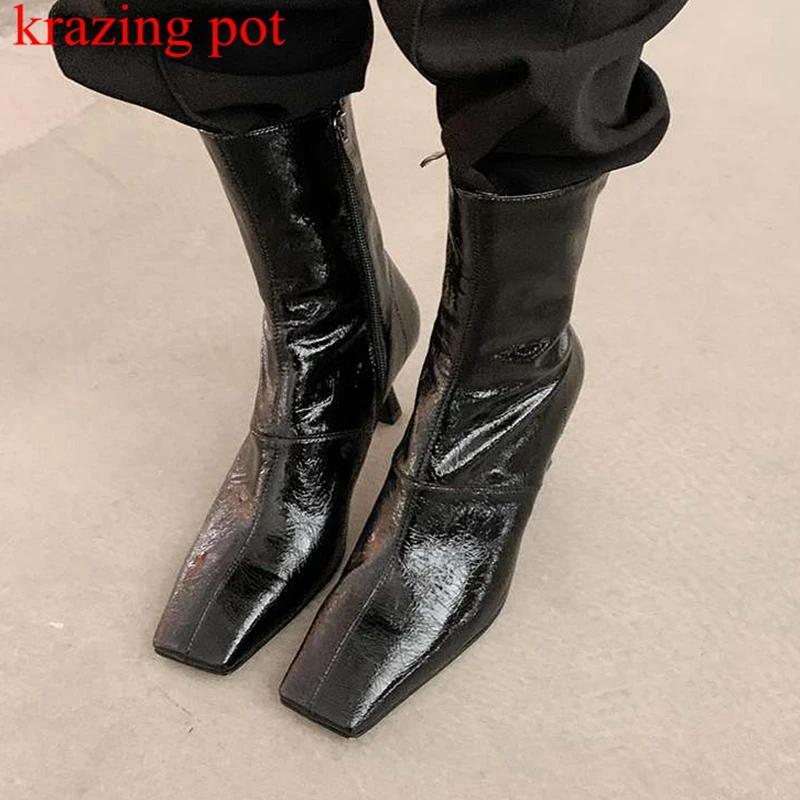 

Krazing Pot Cow Leather Bright Skin Square Toe Thick High Heels Modern Boots Warm Winter Career Lady Catwalk Chic Ankle Boots