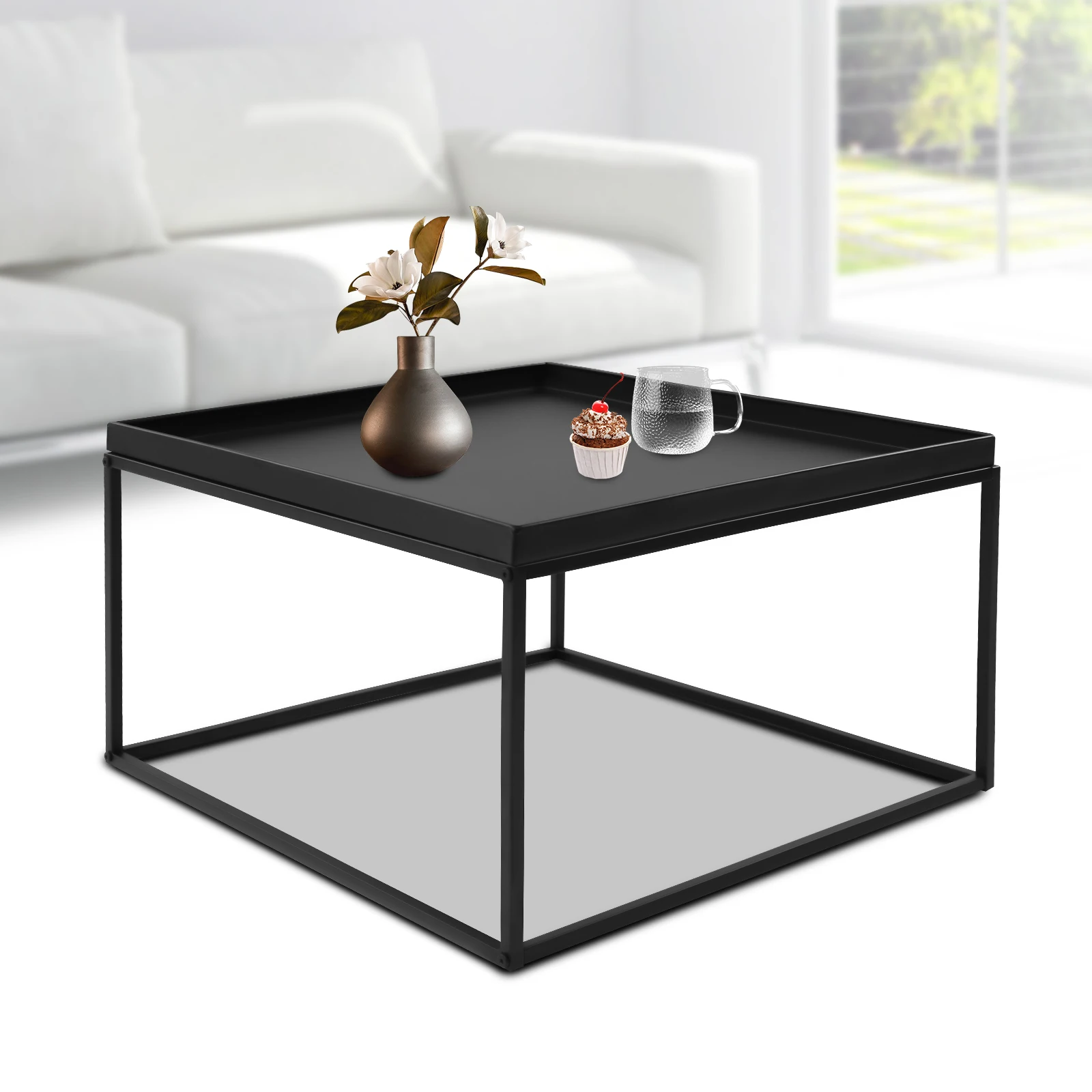 

Современный квадратный зеркальный кофейный столик, элегантный концевой/боковой столик, демонстрационная подставка, матовый черный для дома, офиса, гостиной