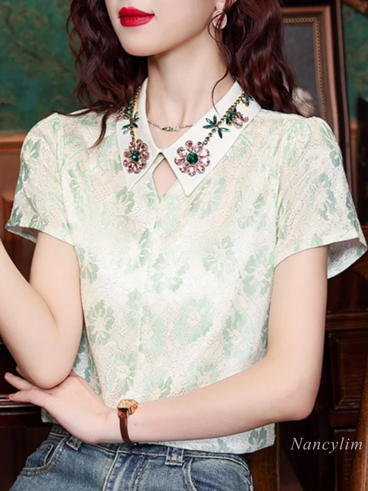 

French Style Peter Pan Collar Short Sleeve Chiffon Shirt Women's Summer Top 2024 New High-Grade Beading Collar Beautiful Blouse