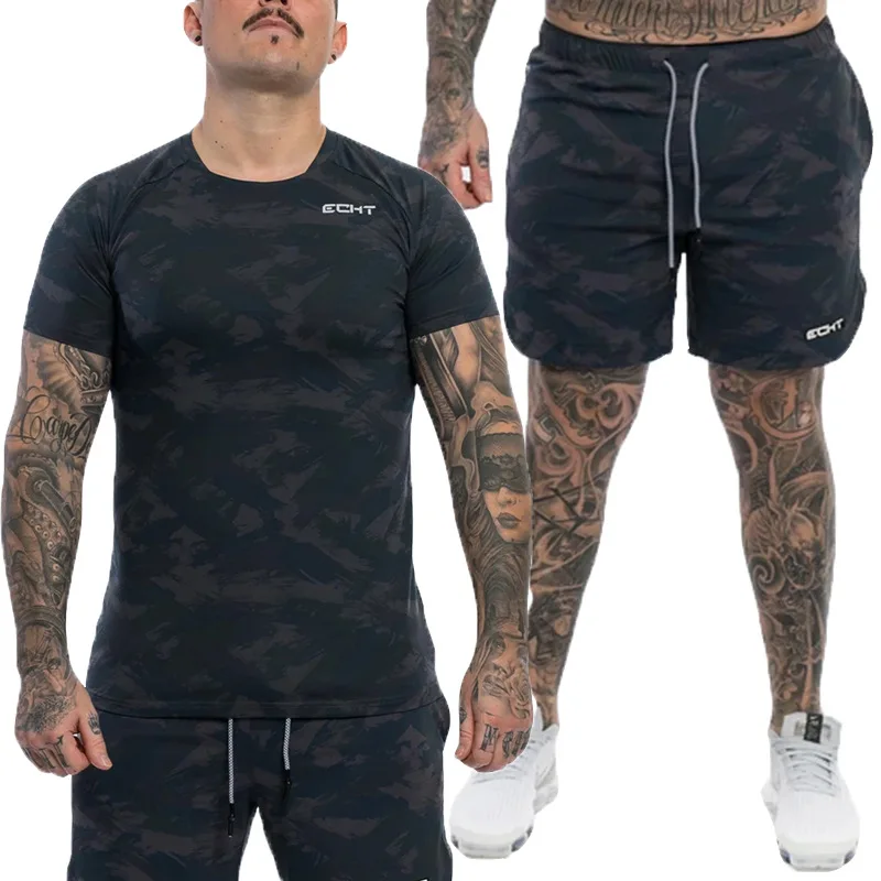 

Tendência de verão camuflagem camiseta + shorts impressão terno esportes lazer fitness shorts de manga curta respirável secagem