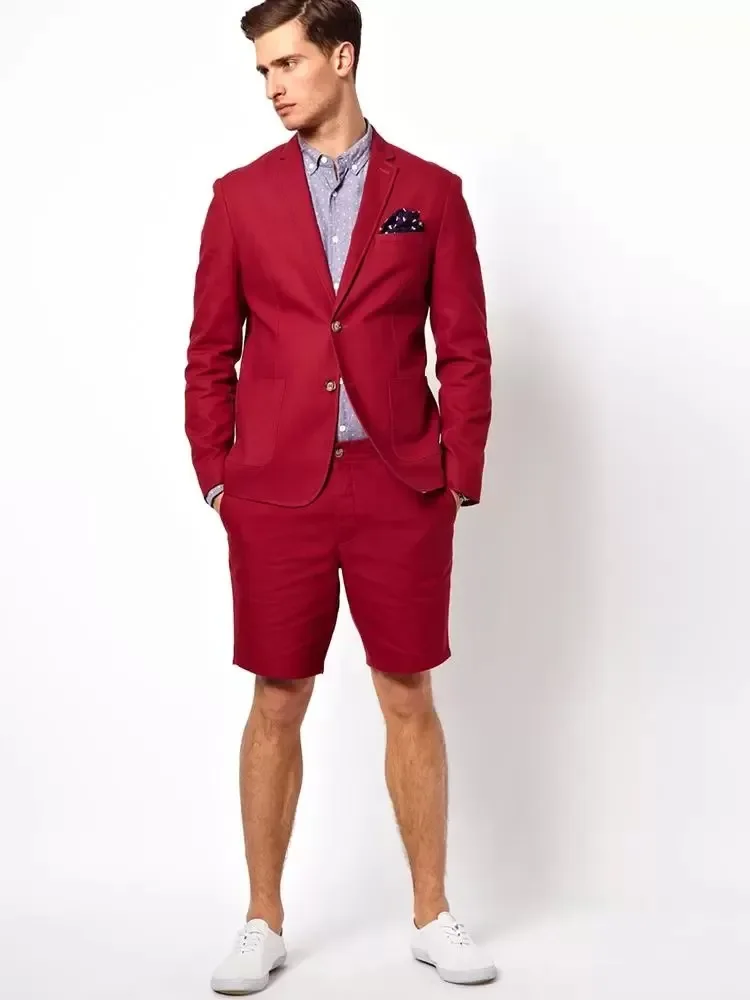

Red Fashion Summer Jacket Short Pants Men Suits Casual Slim Fit Blazers Hombre High Quality Custom 2 Piece Set Costume Homme