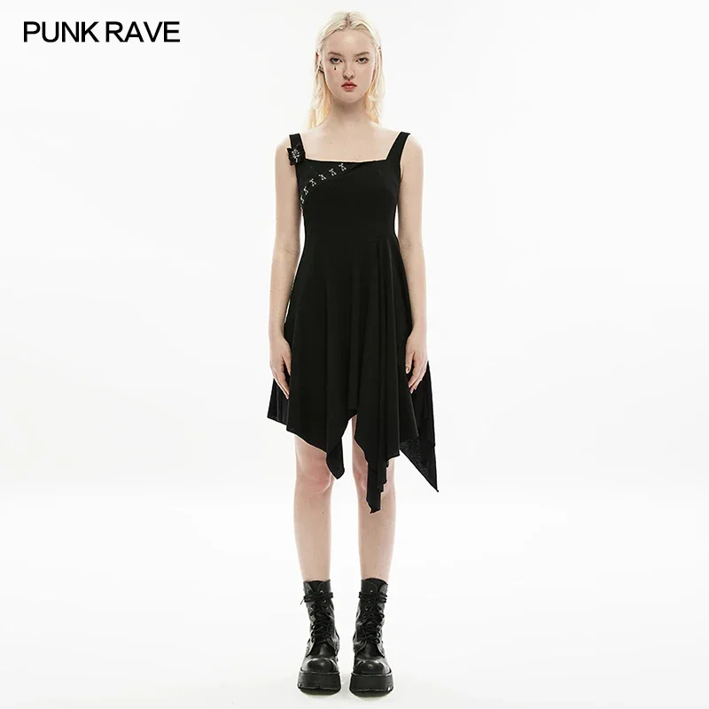 

PUNK RAVE Women's Gothic Daily Square Collar Irregular Hem Slip Black Dress with Detachable Rose Medal Brooch Asymmetrical