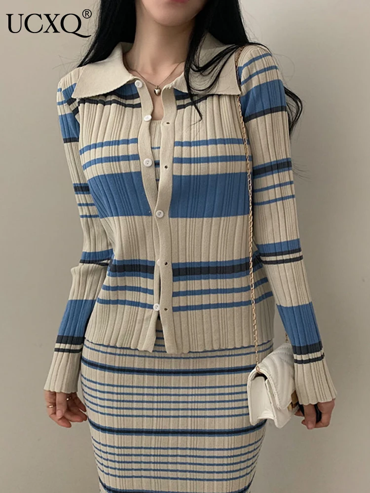 UCXQ Korean Chic Autumn French Fashionable Lapel Knitted Cardigan Sweater+Slim Fit Striped Dress Female Two-pieces Sets 23A4031
UCXQ Korean Chic Autumn French Fashionable Lapel Knitted Cardigan Sweater+Slim Fit Striped Dress Female Two-pieces Sets 23A4031