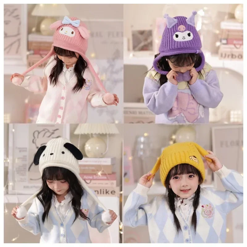 

Sanrios Anime My Melody Kuromi Pochacco Children's Sweet Hairball Knitted Hat Kawaii Autumn Winter Warm Windproof Hat Kids Gift