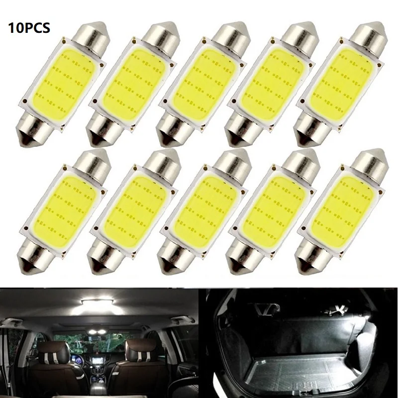 

10x C10W C5W LED COB Festoon 31mm 36mm 39mm 41/42mm 12V White bulbs for cars License plate Interior Reading Light 6500K 12SMD