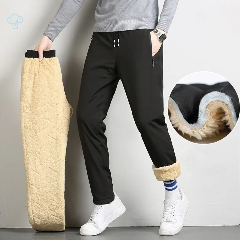 

Men Winter Loose Large Plush Thick Casual Warm Pants Thickened Lamb Fleece Cotton Jogging Drawstring Pants Windproof Long Pants