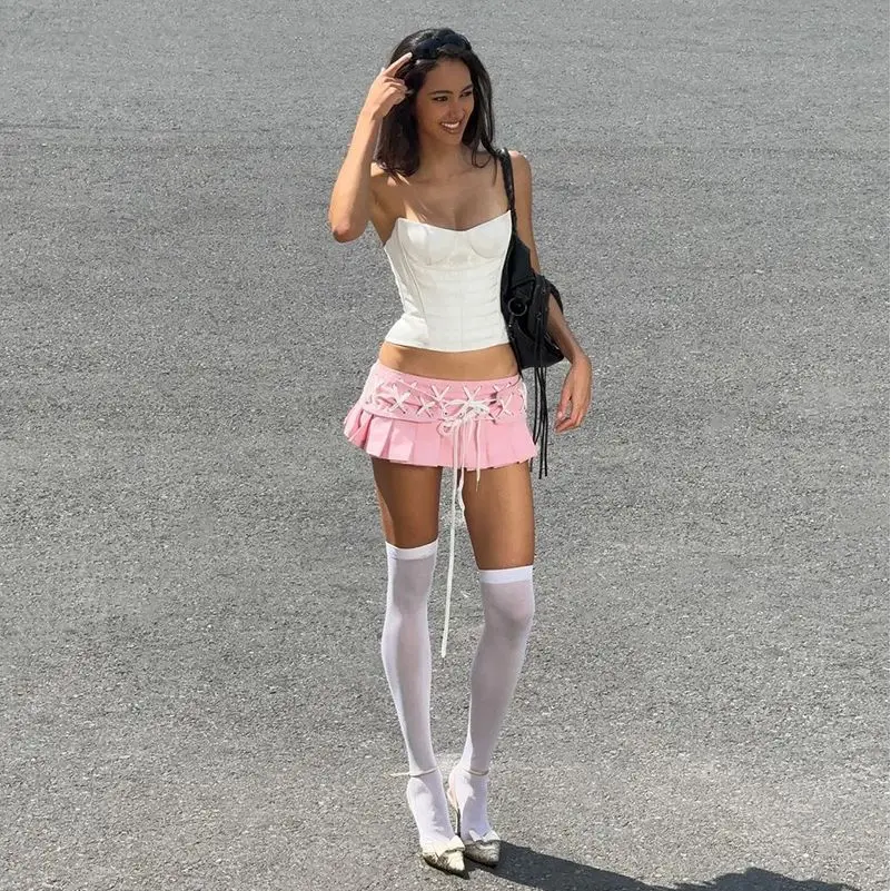 

Personalized contrasting pink pleated skirt sweet spicy sexy pure korean gothic desire low waisted ultra short skirt for women