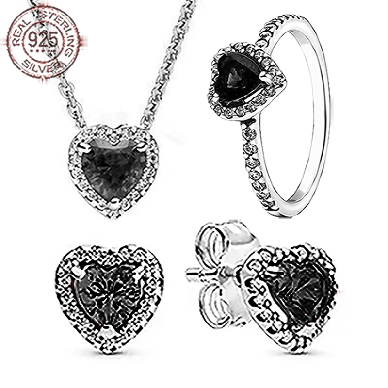 925 sterling silver exquisite black zircon heart series ring necklace earring three piece set fit original charms jewelry gift
925 sterling silver exquisite black zircon heart series ring necklace earring three piece set fit original charms jewelry gift