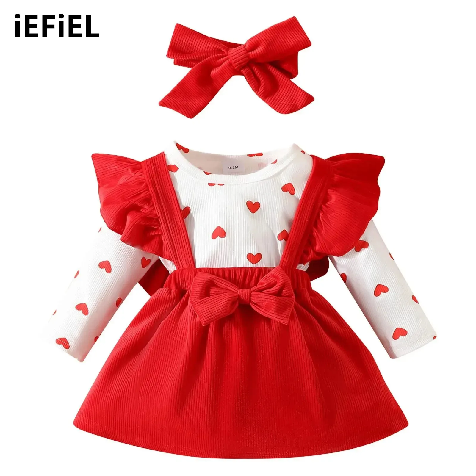 

Baby Girls Corduroy Party Outfit Heart Printed Romper Bodysuit with Ruffle Suspender Skirt And Headband Set Valentine's Day