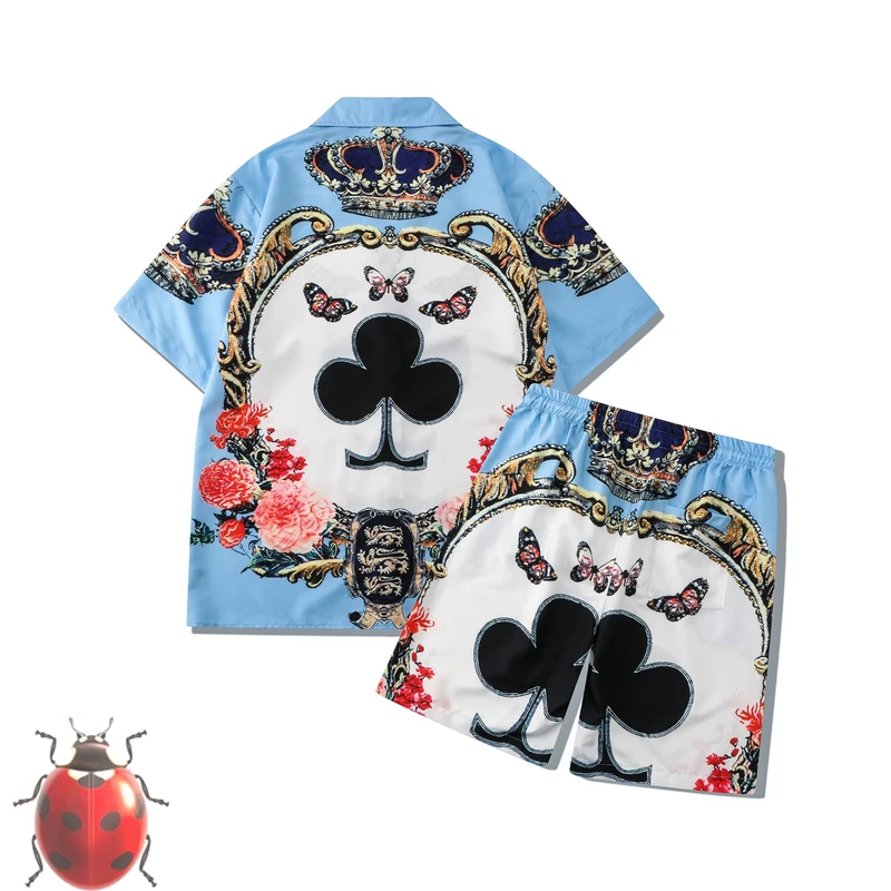 

Three Butterfly Poker Plum Blossoms Floral Print Shorts Shirt Set Summer Men Women Hip Hop Loose Hawaii Beach Holiday Surf Suit
