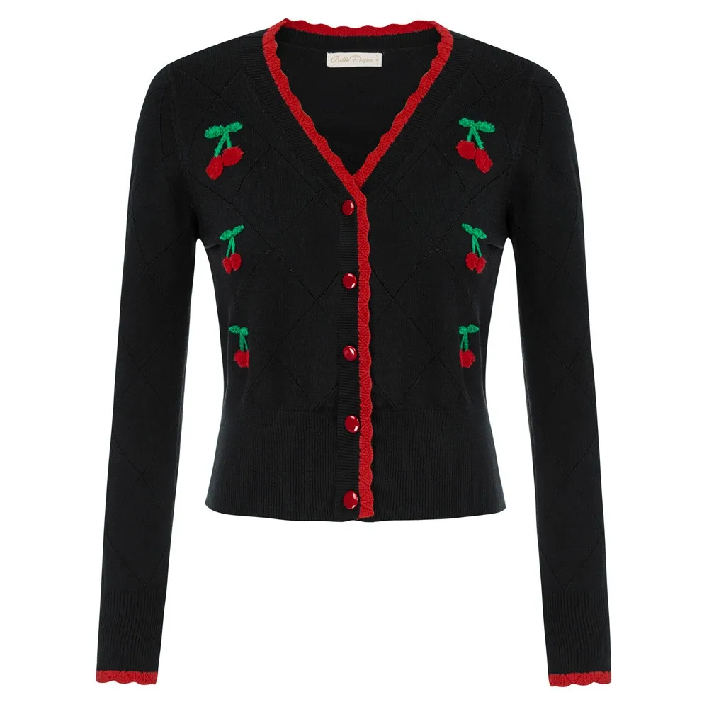 Belle Poque Women Cardigan Sweater Long-sleeved V-neck Cropped Cardigan With Contrast Jacquard Cherries Embroidery Knitwear A30
Belle Poque Women Cardigan Sweater Long-sleeved V-neck Cropped Cardigan With Contrast Jacquard Cherries Embroidery Knitwear A30