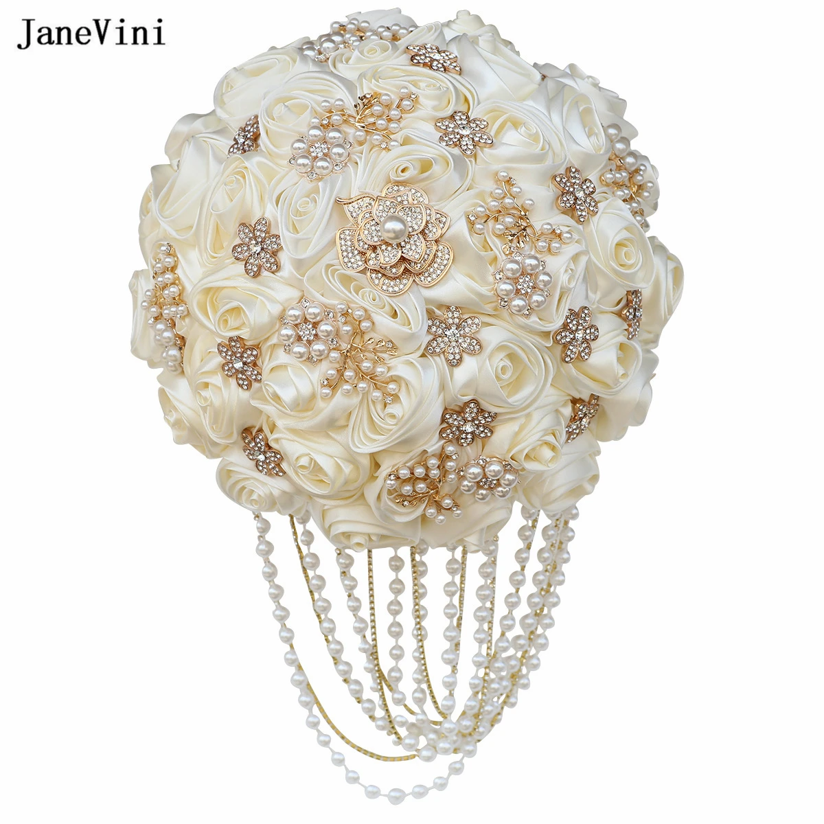 

JaneVini New Luxury Rhinestones Pearls Ivory Ribbon Flowers Bridal Bouquets Artificial Satin Roses Wedding Bouquet Fleur Mariage