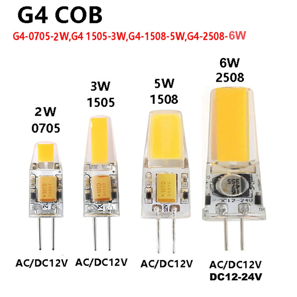 

50PCS G4 led lamp lampada AC DC 12v 24V 2W 3W 5W 6W cob led light replace 360 Beam Angle Halogen Chandelier g4 led bulb 5pcs