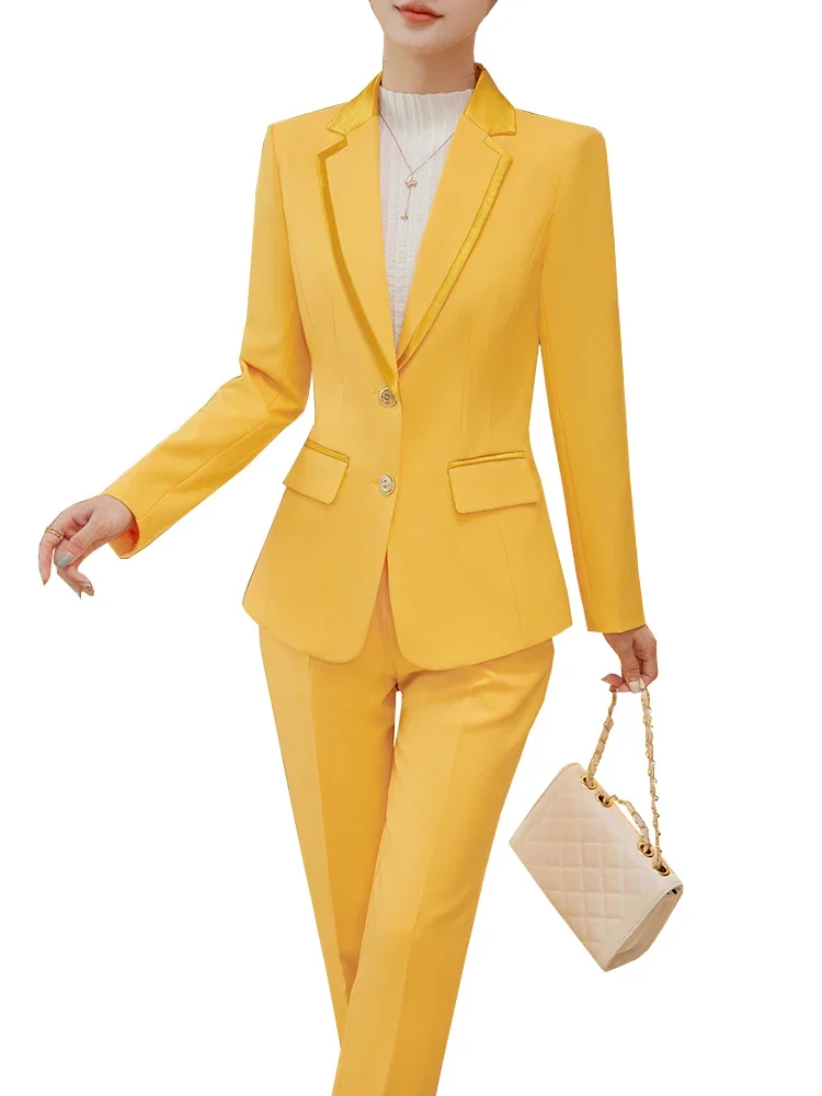 

Костюм брючный женский деловой, модный пиджак и брюки, блейзер, цвет желтый/черный/синий/хаки, комплект из 2 предметов