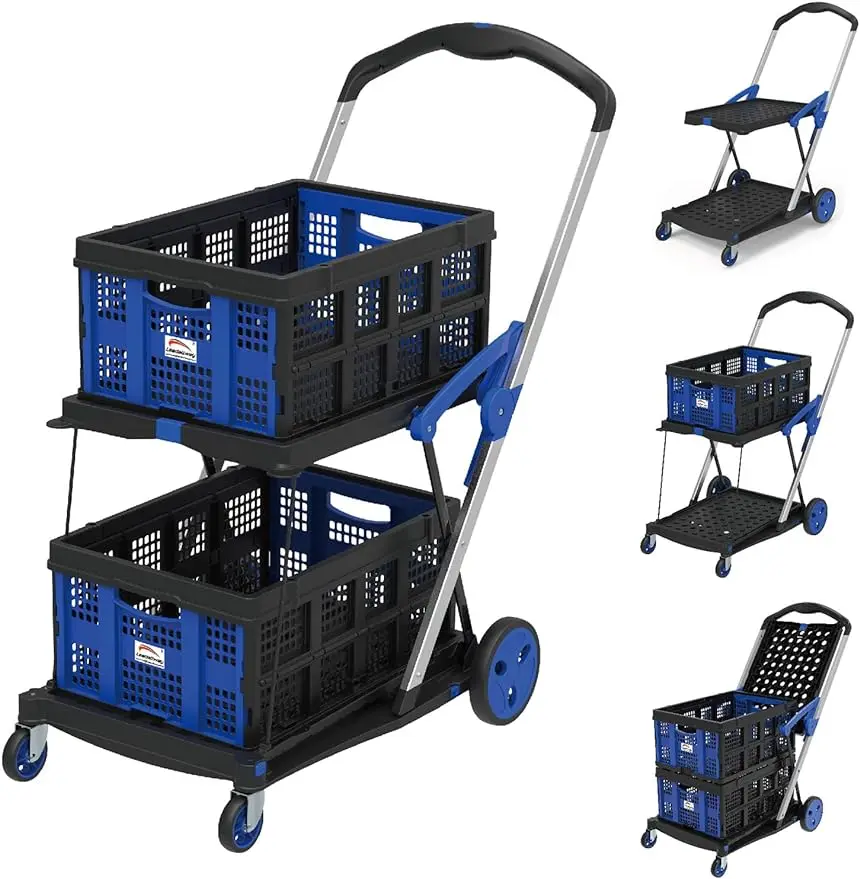 

LEADALLWAY Grocery Shopping Cart with 2 Storage Crates Multi Use Functional Collapsible Carts Blue