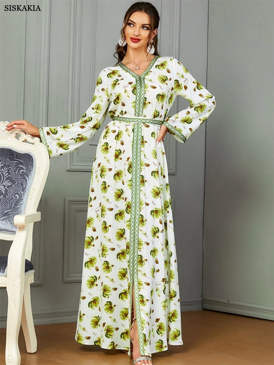 

Siskakia Fashion Chic Printing Casual Long Sleeve V-Neck Belted Dress Moroccan Gulf Caftan For Women Arab African Turkish Abaya
