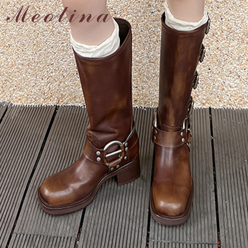 Meotina Women Motorcycle Boots Round Toe Platform Thick Mid Heels Mid Calf Boots Buckle Lady Fashion Shoes Winter Black Brown 40
Meotina Women Motorcycle Boots Round Toe Platform Thick Mid Heels Mid Calf Boots Buckle Lady Fashion Shoes Winter Black Brown 40